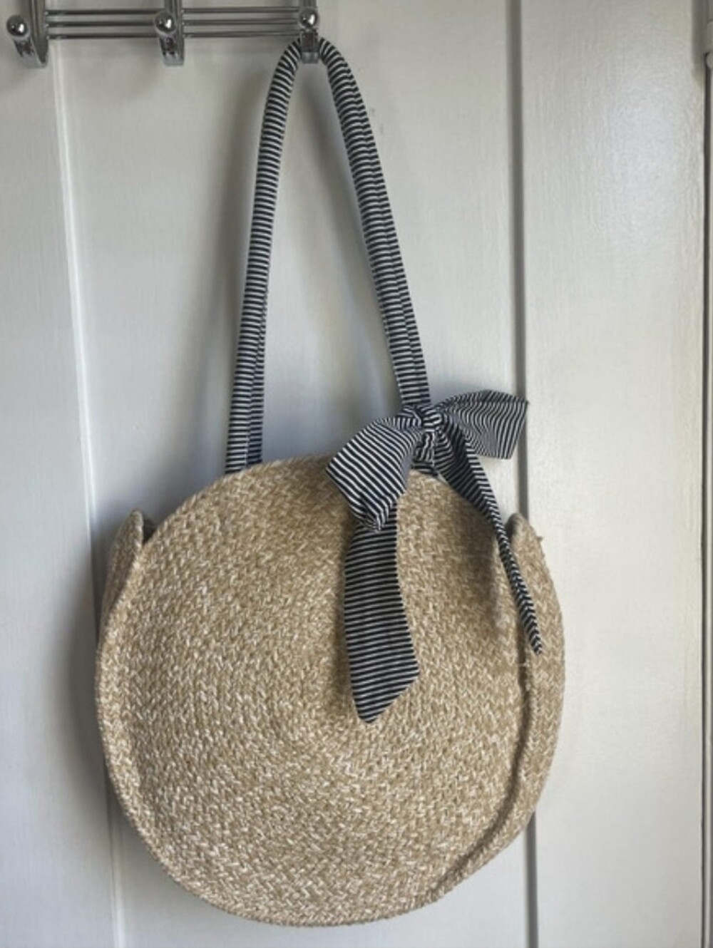 Fifth & Luxe Round Tan Woven Bag with Striped Scarf Tie
